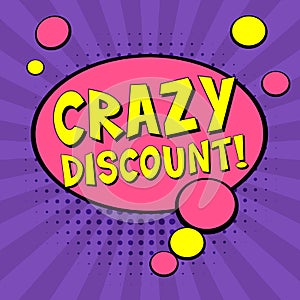 Crazy Discount! Pink Comic speech bubbles. Pop art vector label illustration. Vintage comics book poster on purple background.